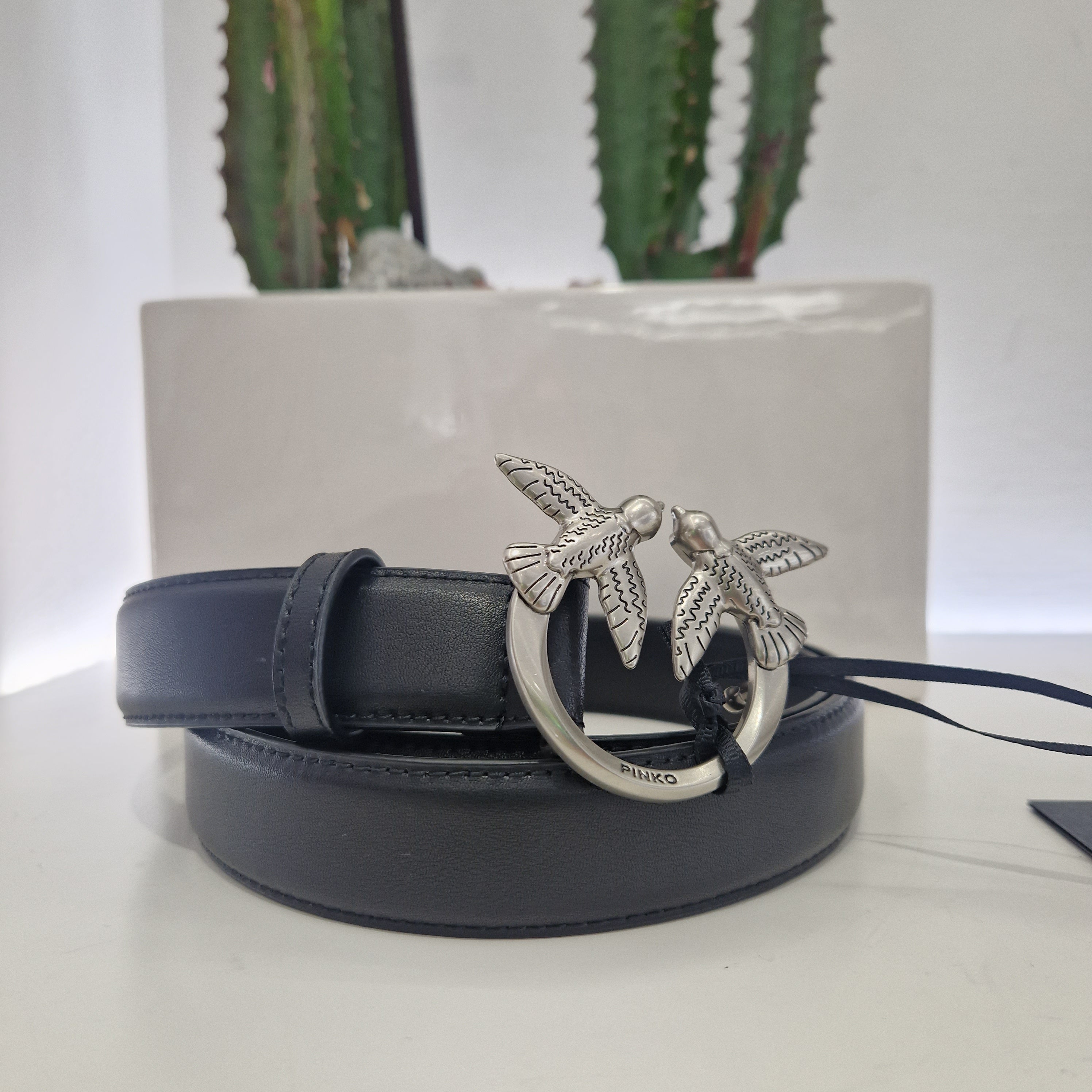 PINKO Cintura sottile Love Birds in pelle 3cm fibbia argento