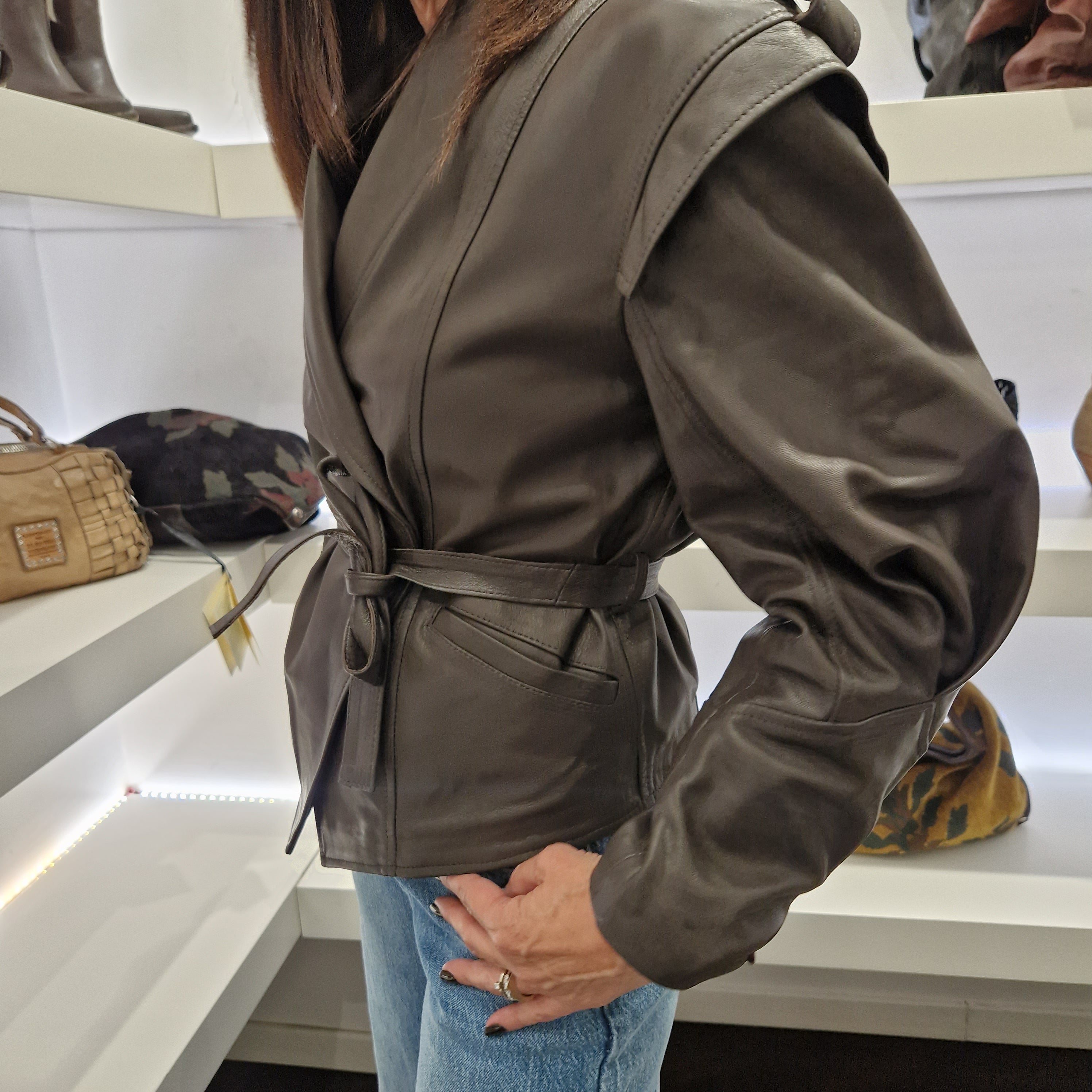Giacca modello kimono MATRIX vera pelle color moro