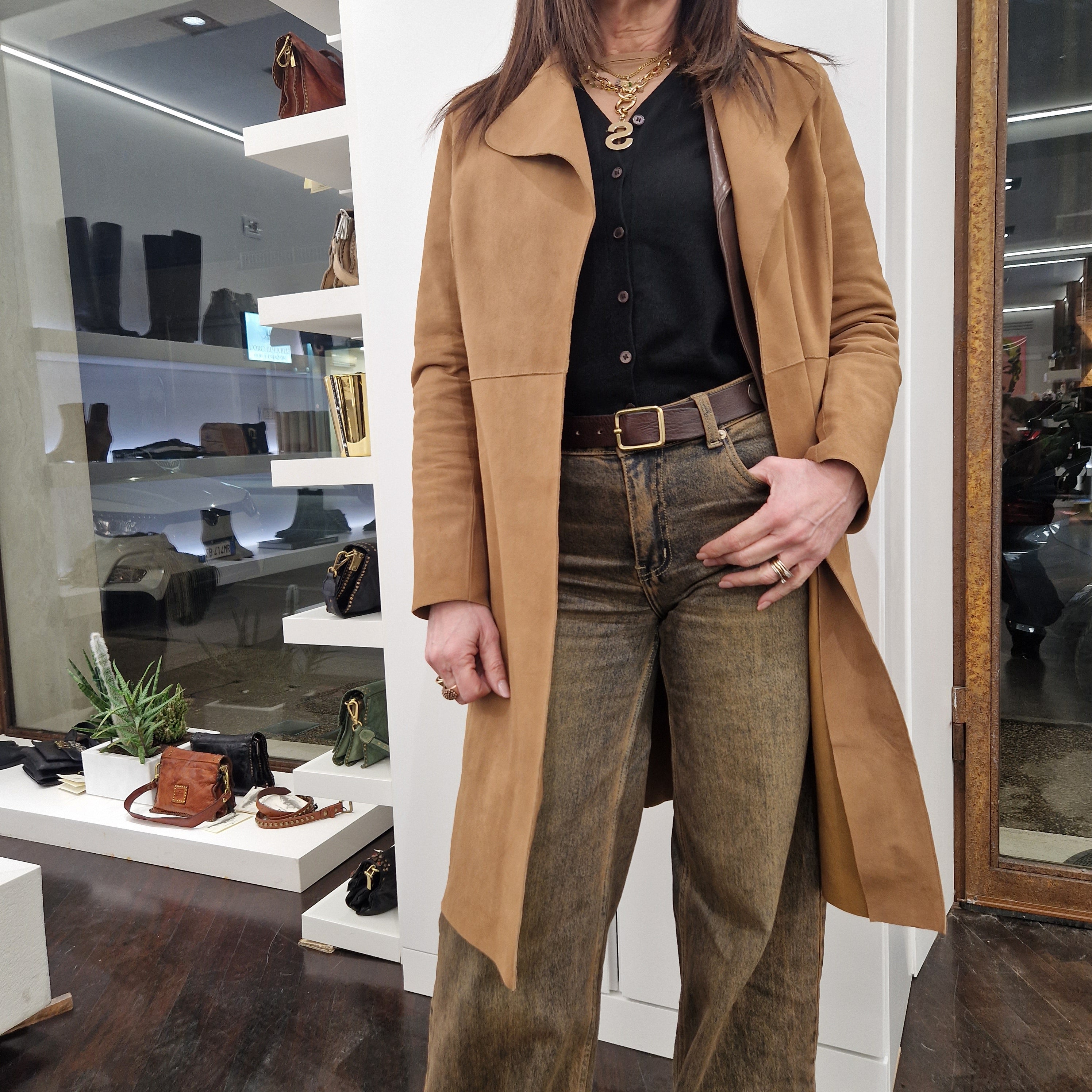 Cappotto 3/4 modello vestaglia in vera pelle color cuoio