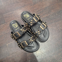 Sandalo ciabatta nera doppia fascia con borchie