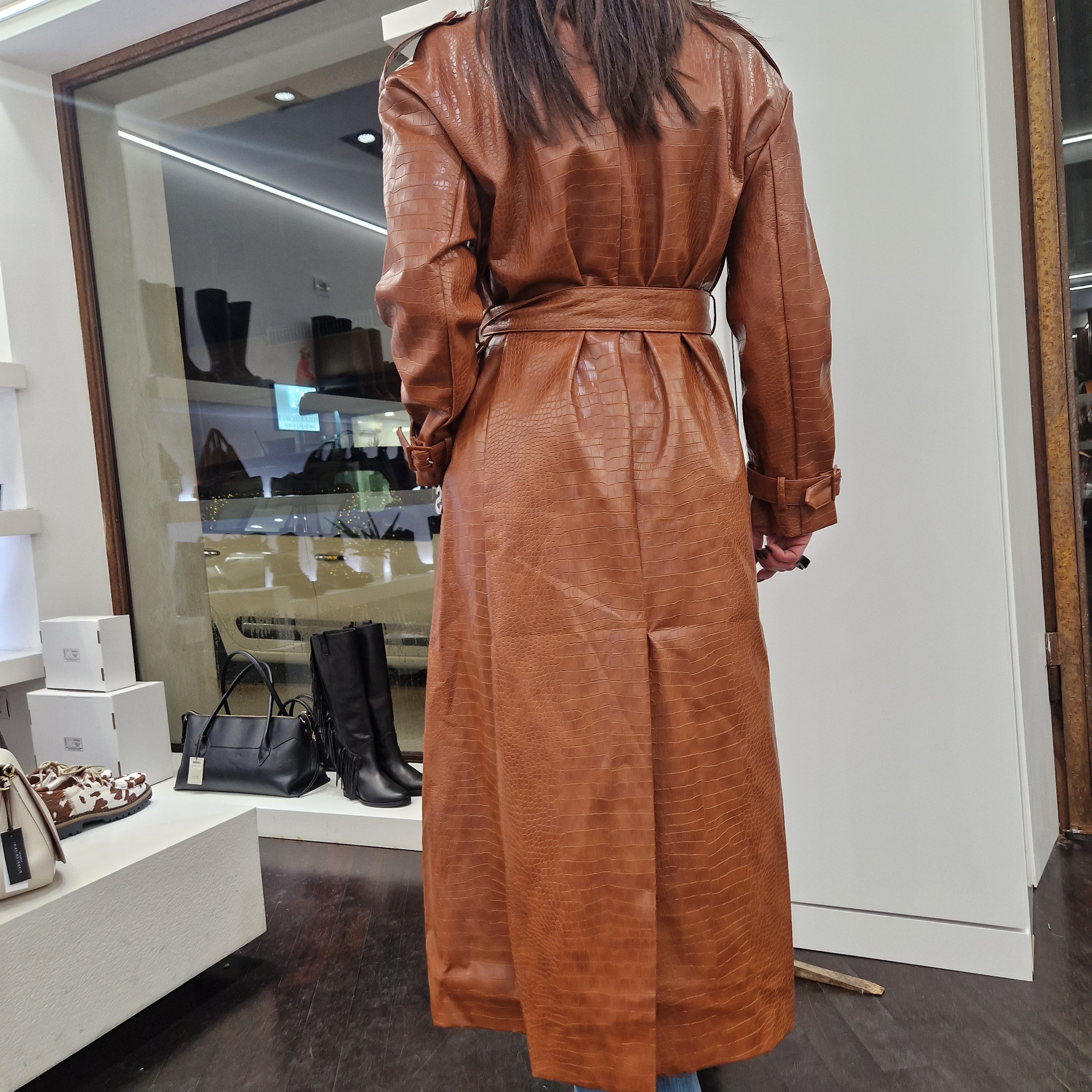 Cappotto lungo doppio petto ecopelle STAMPA COCCO color cuoio