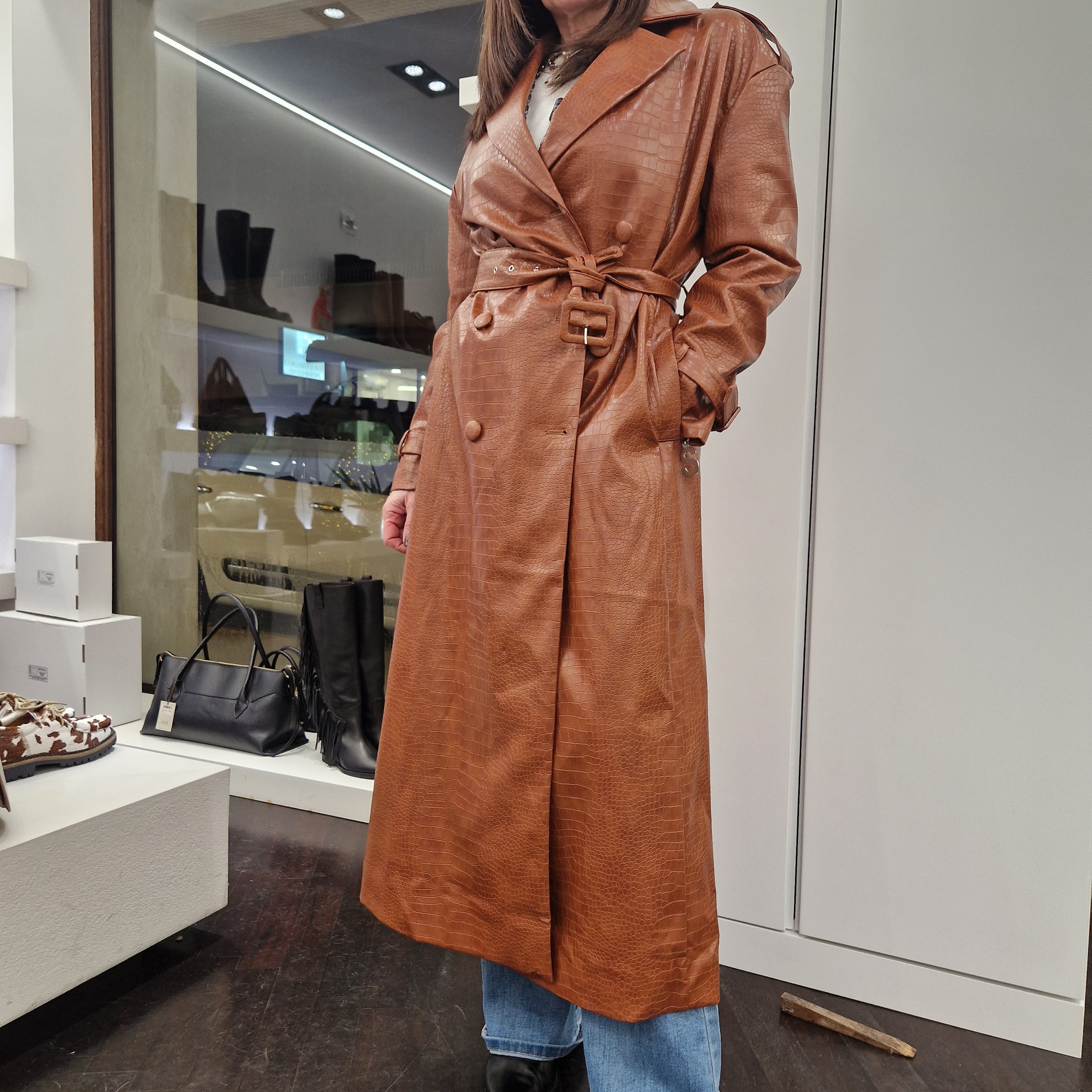 Cappotto lungo doppio petto ecopelle STAMPA COCCO color cuoio