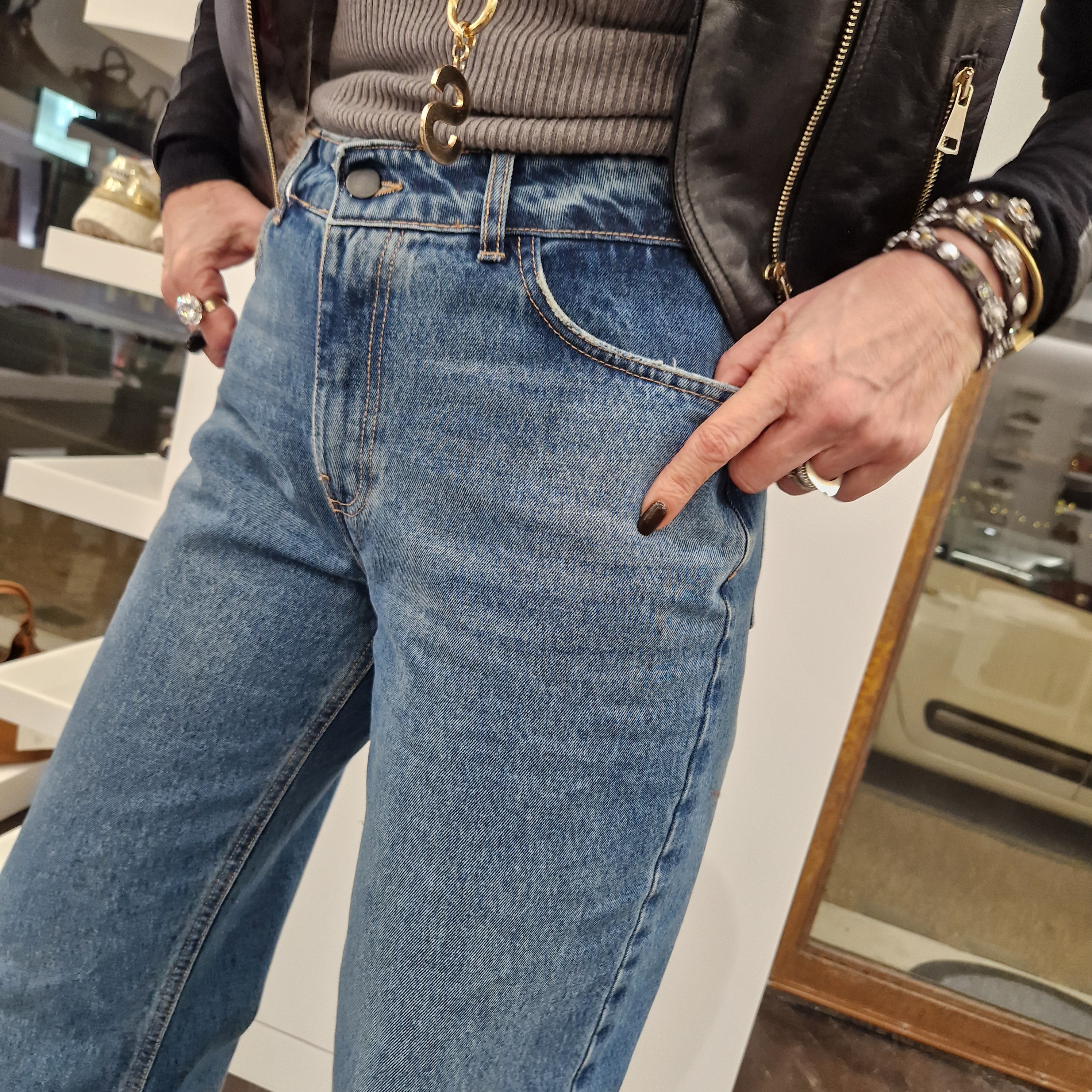 KIKISIX pantalone jeans STONE vita alta