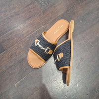 Sandalo ciabatta in rafia  profili pelle color nero