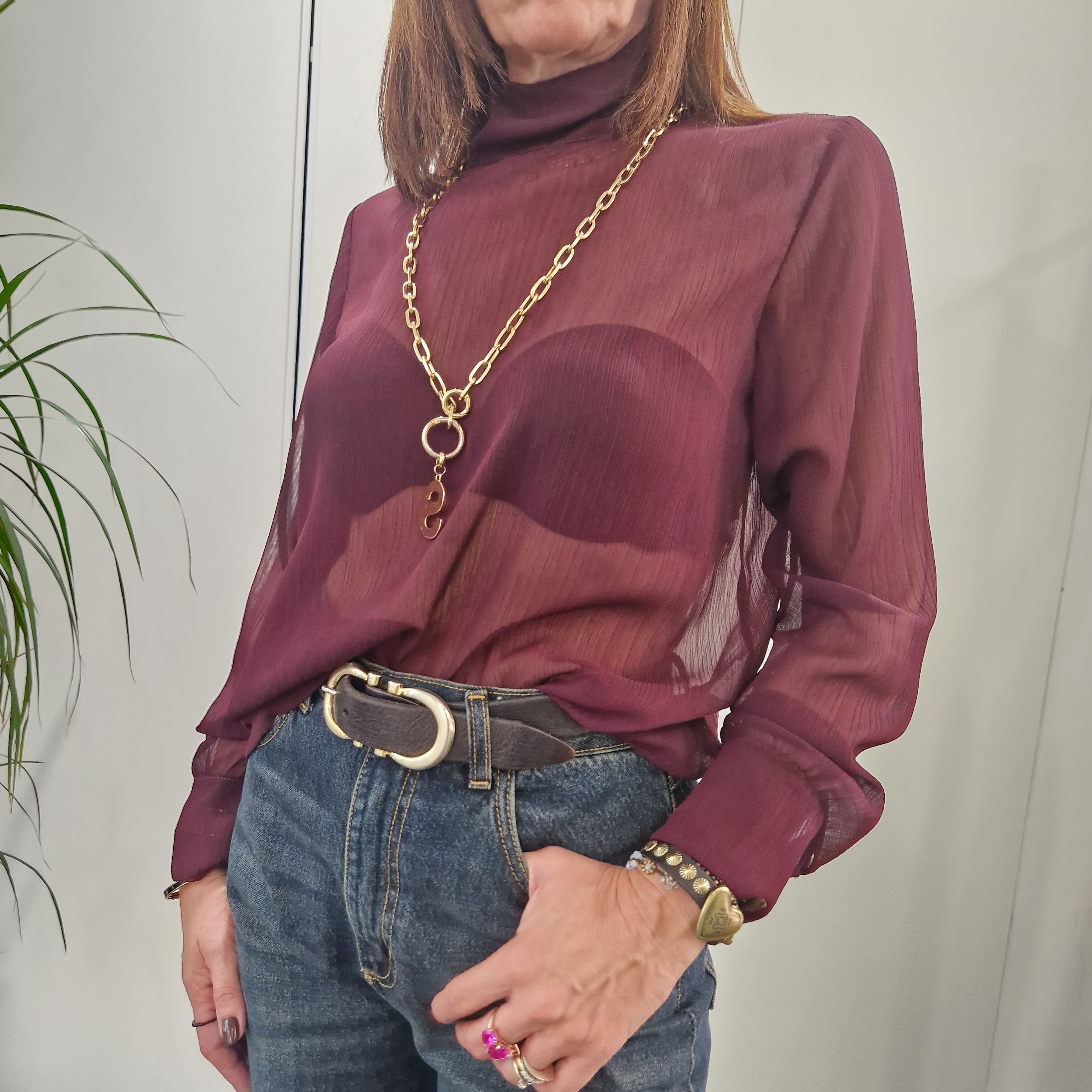Kikisix camicia trasparente bordeaux collo alto