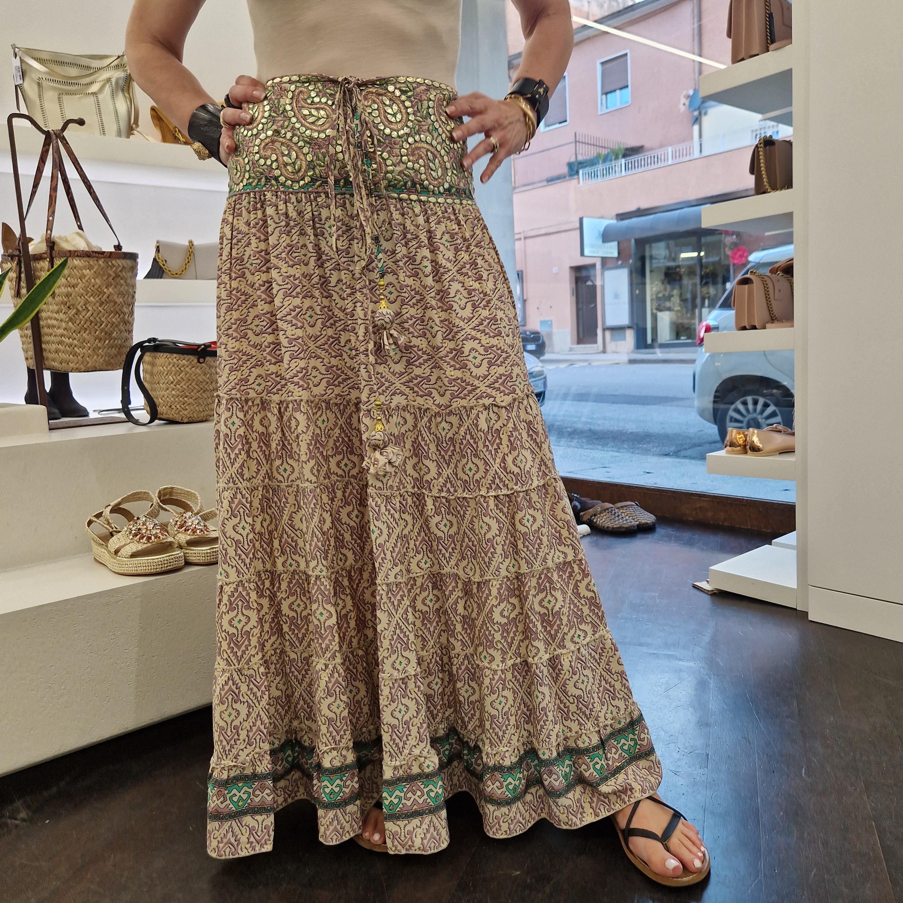 Gonna lunga gipsy fantasia damascata seta 100%