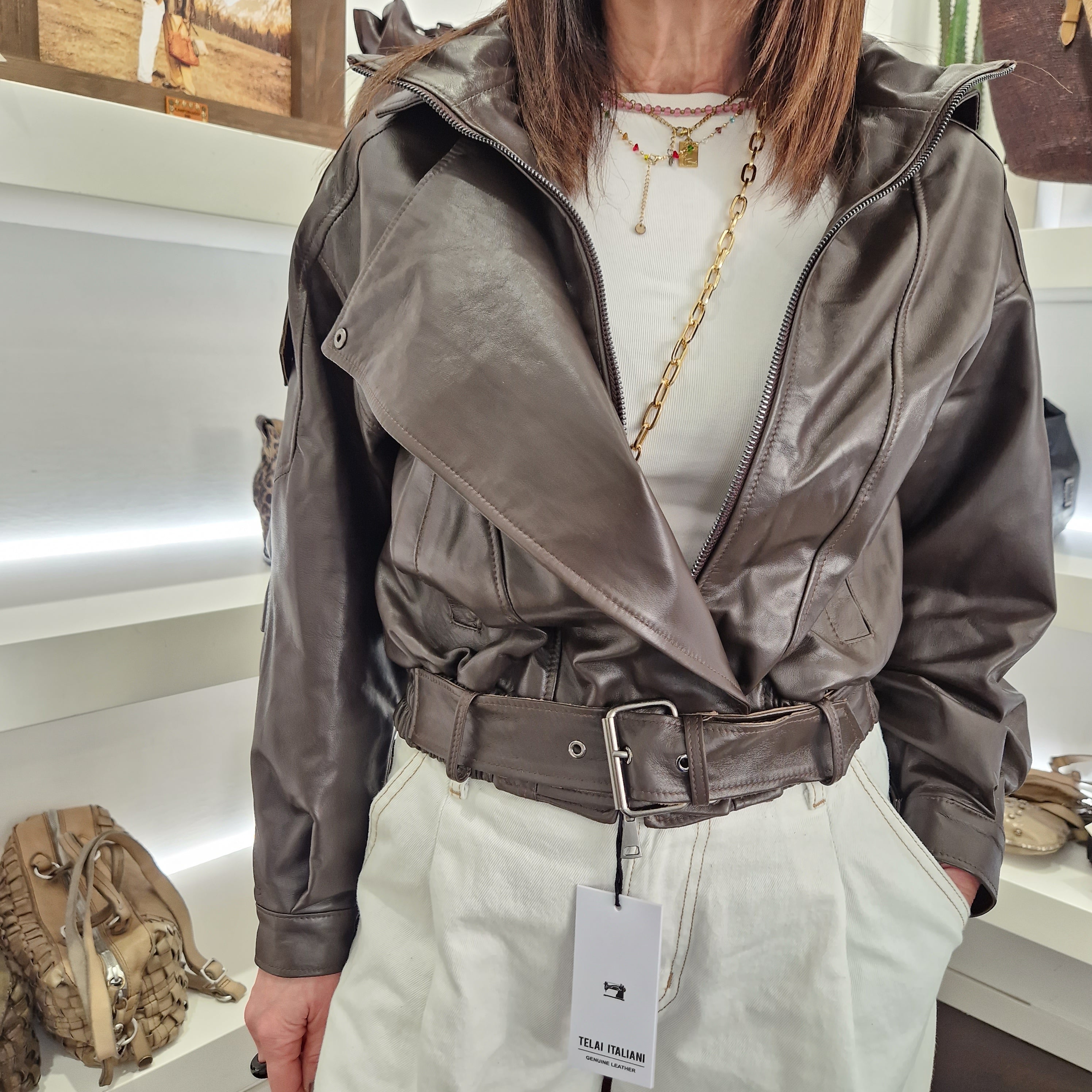 Giacca modello bomber vera pelle  color moro