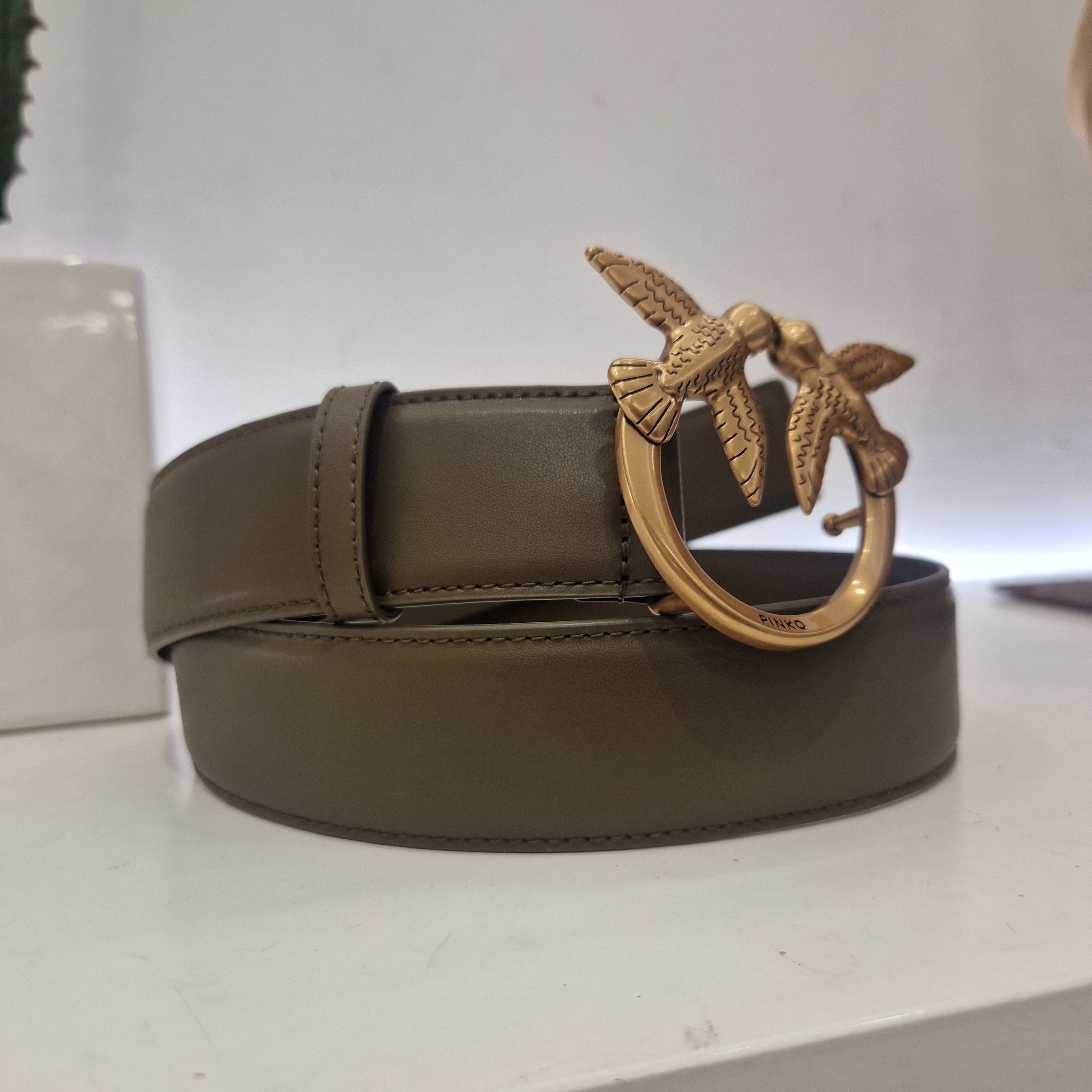 PINKO Cintura  Love Birds in pelle 4 cm color verde oliva