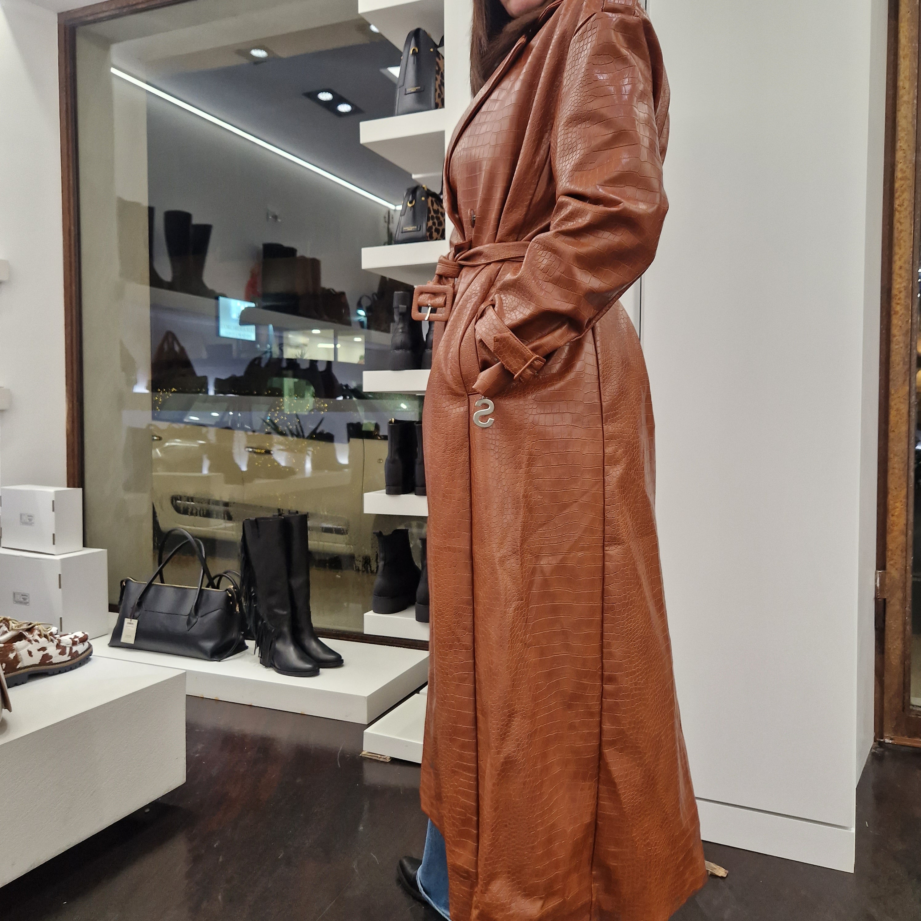 Cappotto lungo doppio petto ecopelle STAMPA COCCO color cuoio