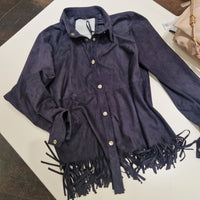 Camicia blu  con  frange in pelle scamosciata