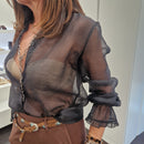 Kikisix camicia trasoarente nera POLLY con rouge sulla manica