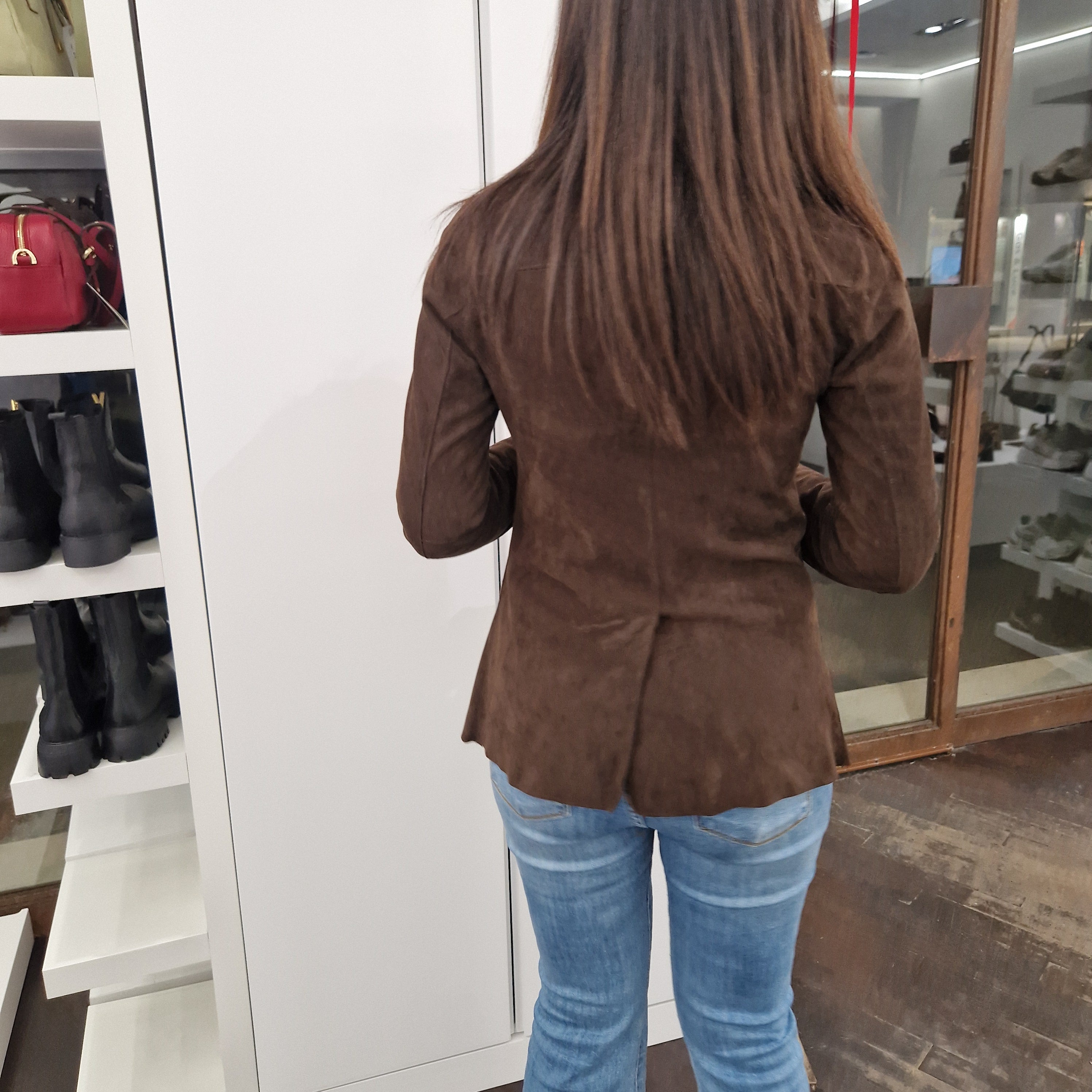 Giacca modello blazer  DOMITILLA  in pelle scamosciata moro