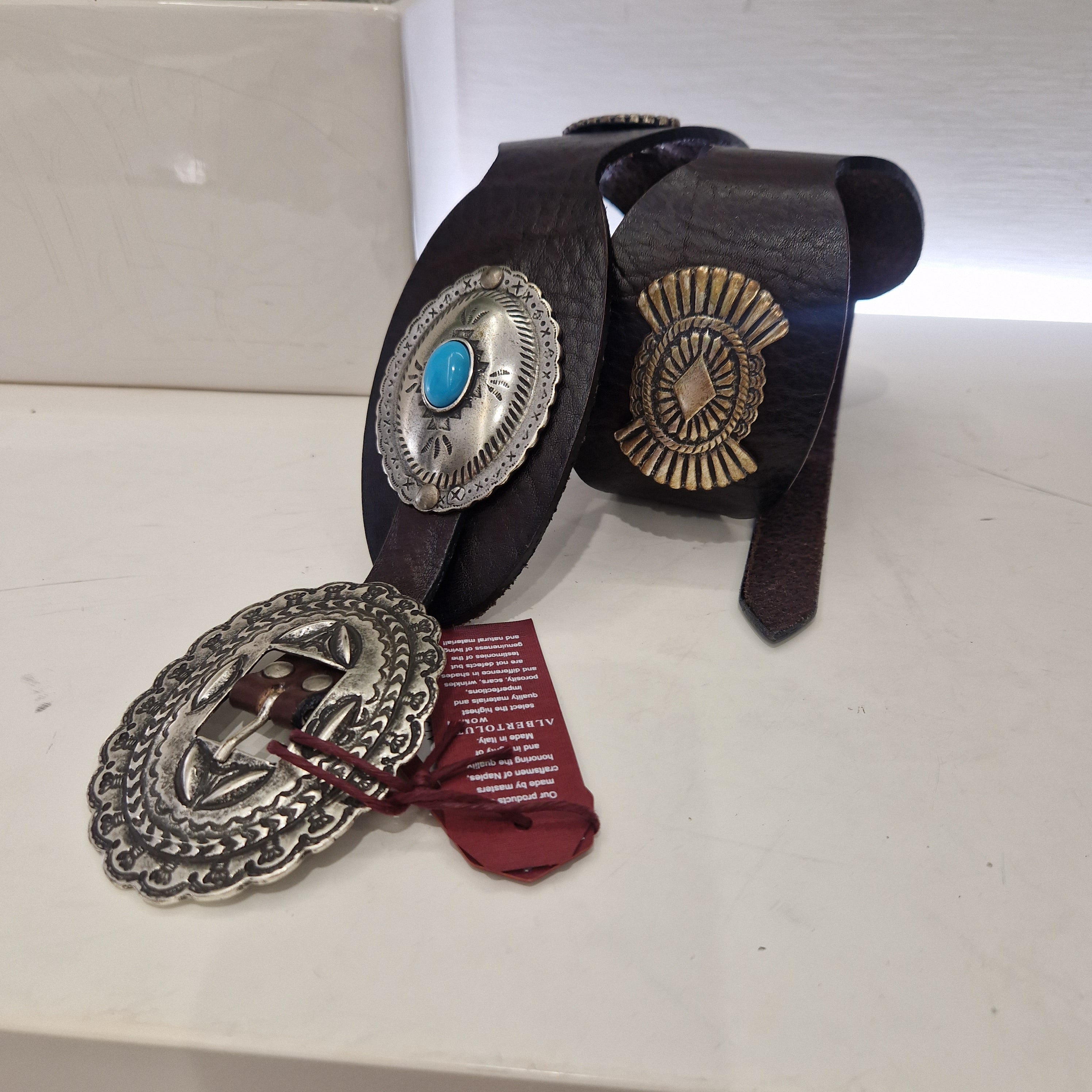 Alberto Luti cintura in pelle oro con fibbia argento con turchese