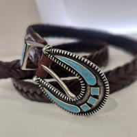 Alberto Luti cintura intrecciata in pelle t.moro con fibbia con smalto di turchese