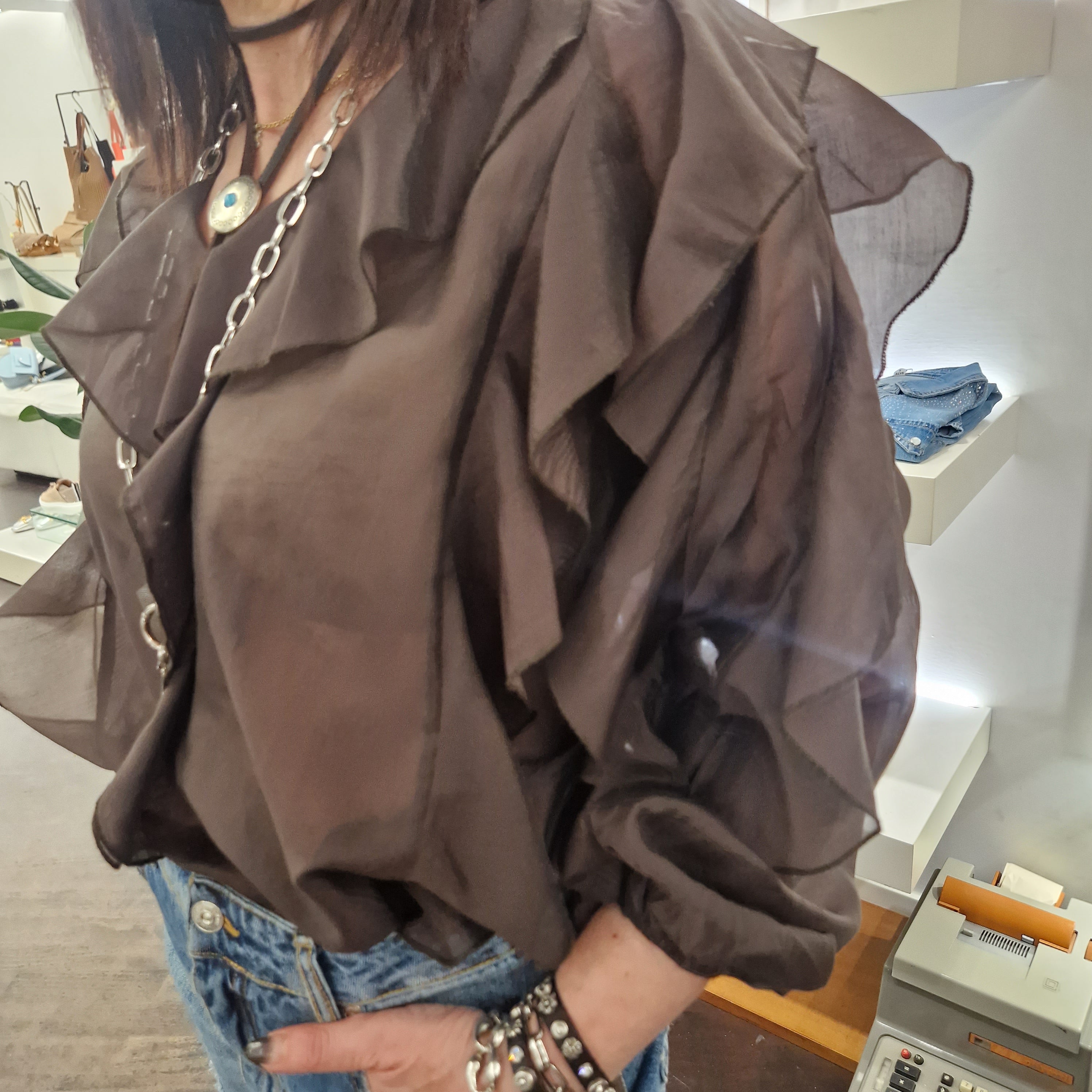 Kikisix camicia con rouches marrone scuro