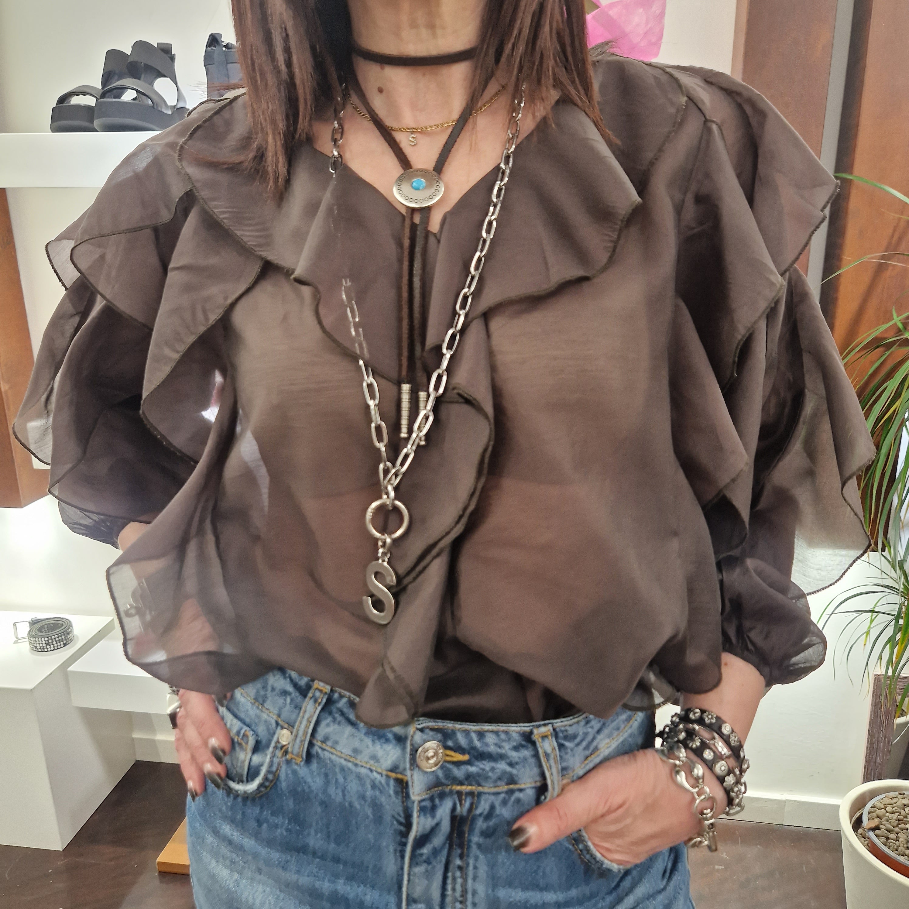 Kikisix camicia con rouches marrone scuro