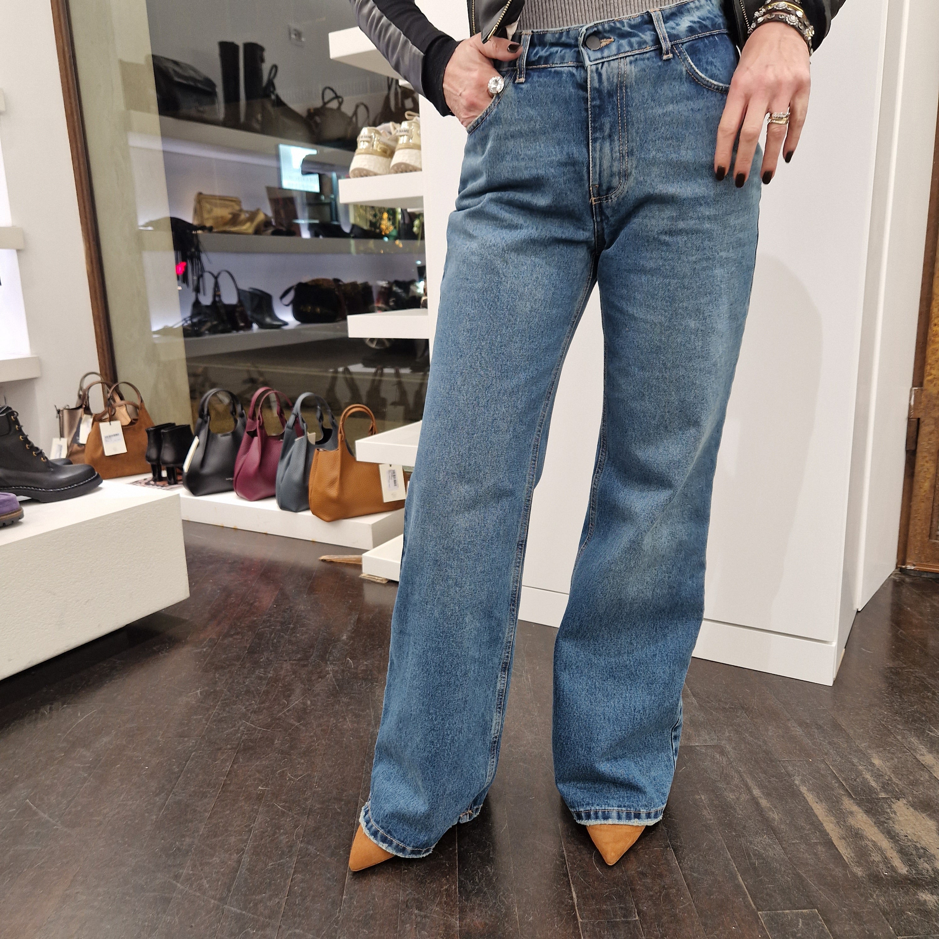 KIKISIX pantalone jeans STONE vita alta