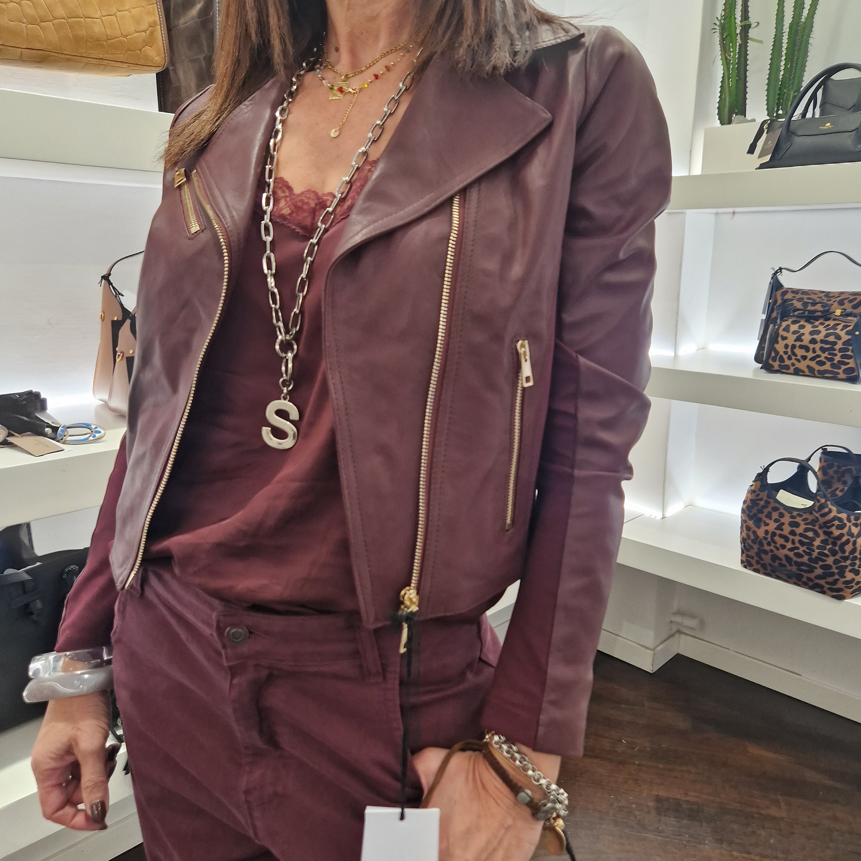 Giacca SOFIA in vera pelle inserti in elastico color bordeaux