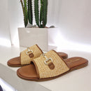Sandalo ciabatta in rafia  profili pelle color cuoio
