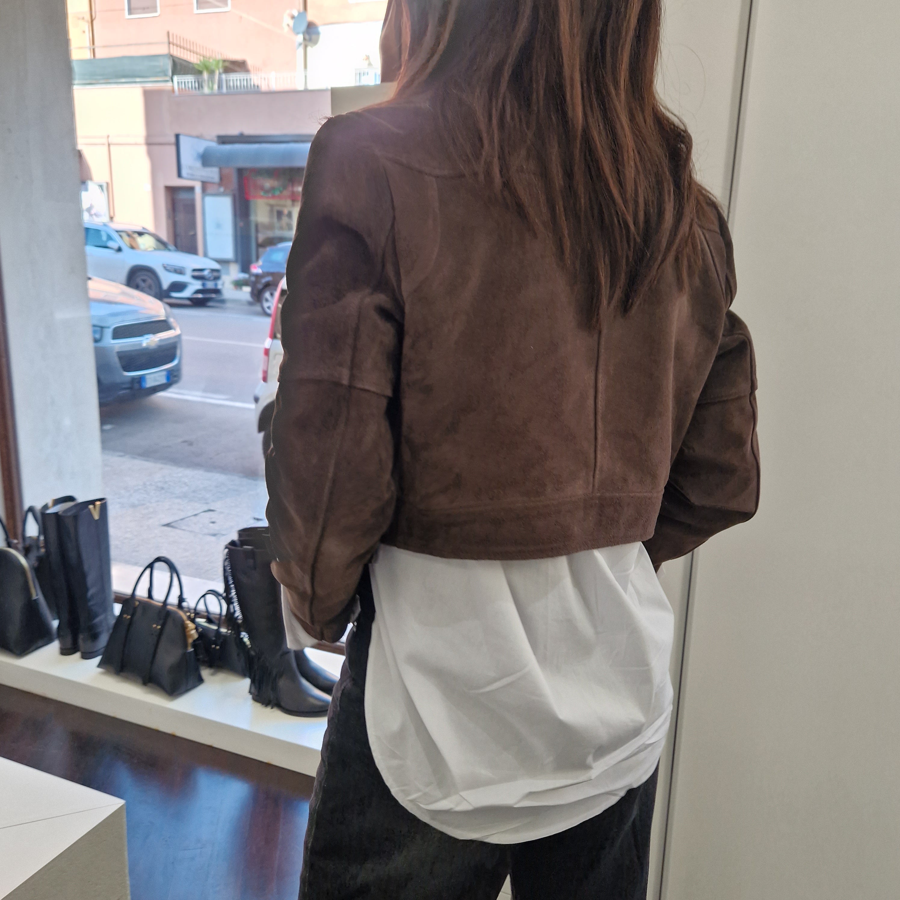 Giacca ZOE modello chiodo in vera pelle color moro suede