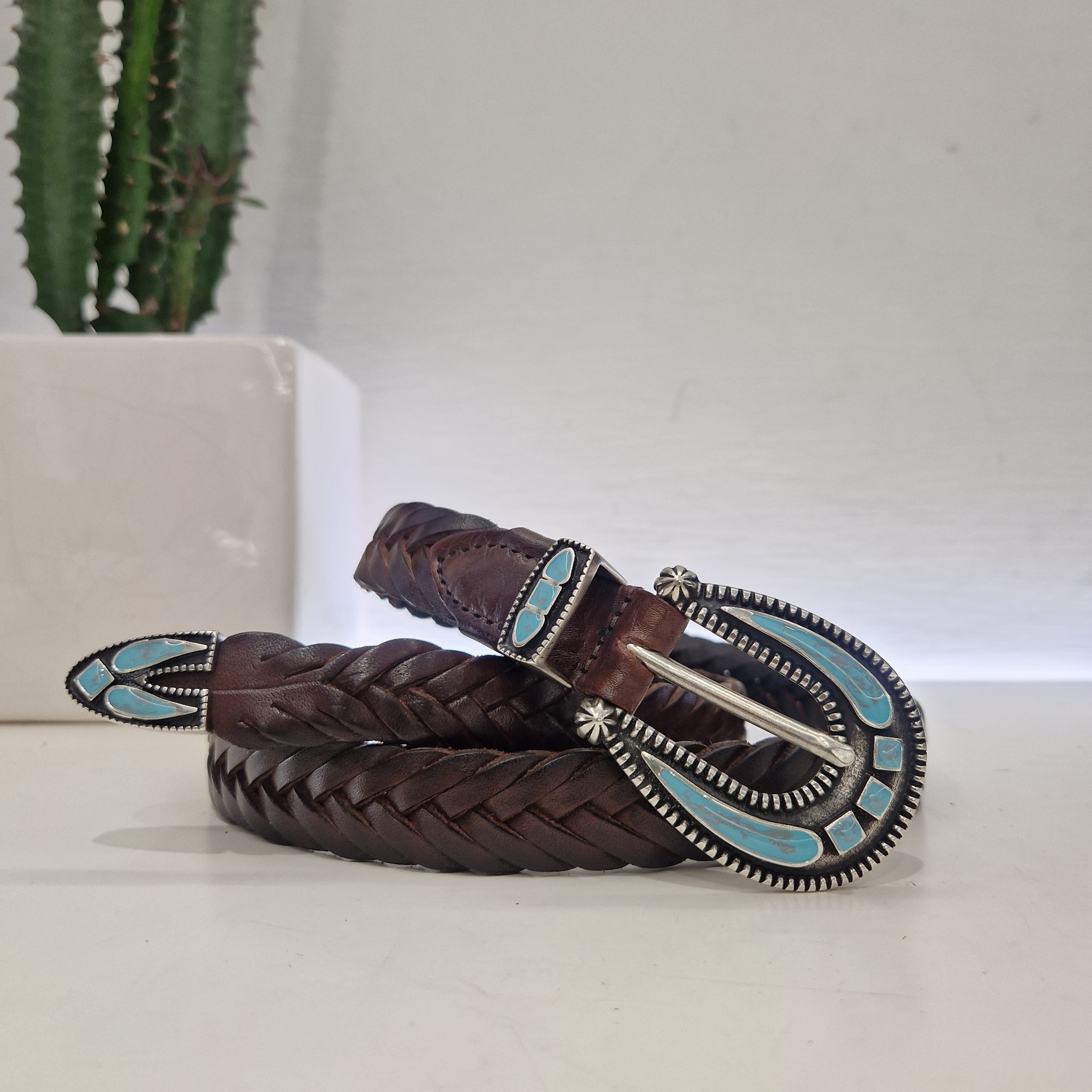 Alberto Luti cintura intrecciata in pelle t.moro con fibbia con smalto di turchese