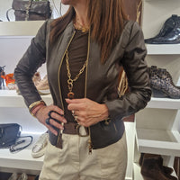 Giacca lunga in vera pelle color t.moro  con tessuto elasticizzato