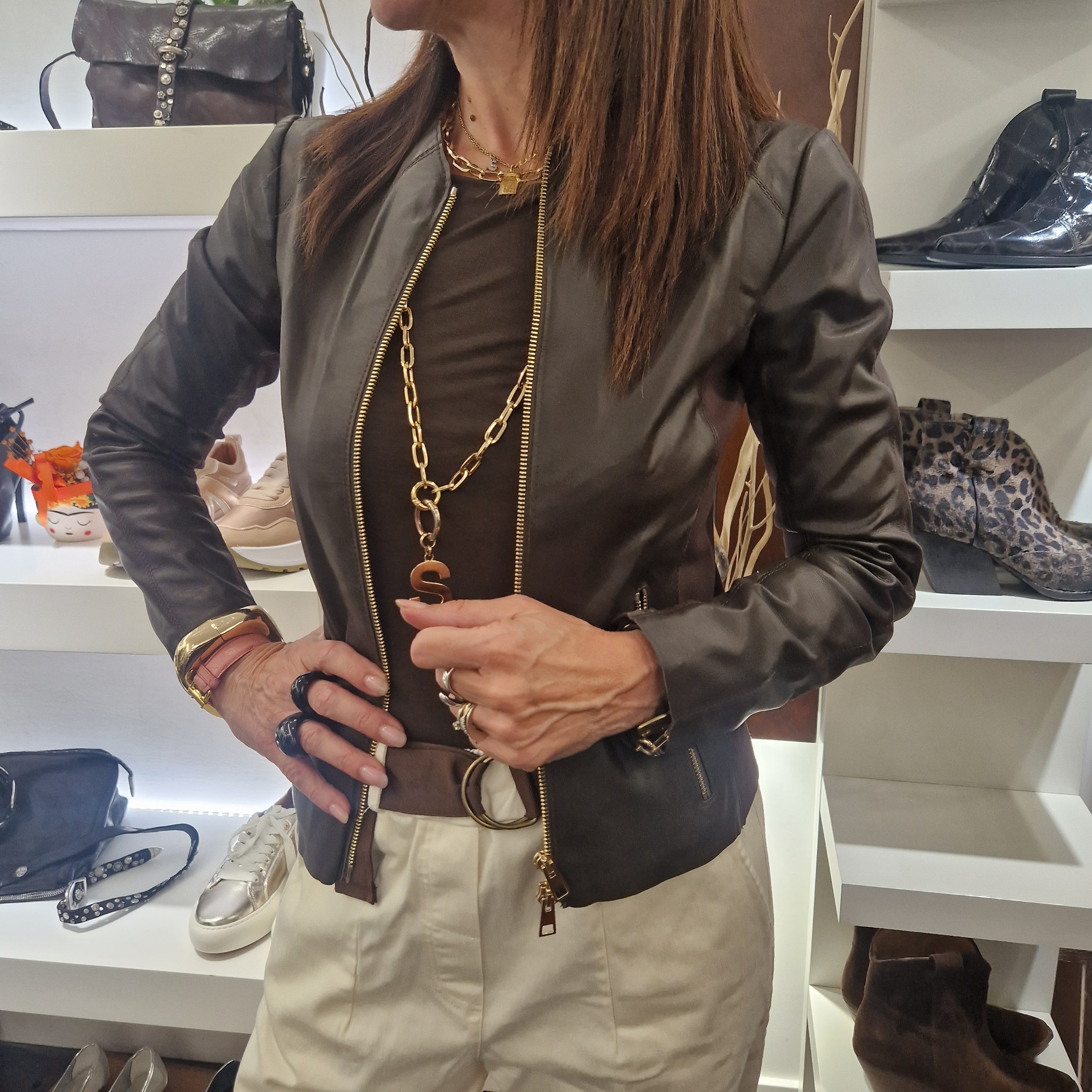 Giacca lunga in vera pelle color t.moro  con tessuto elasticizzato