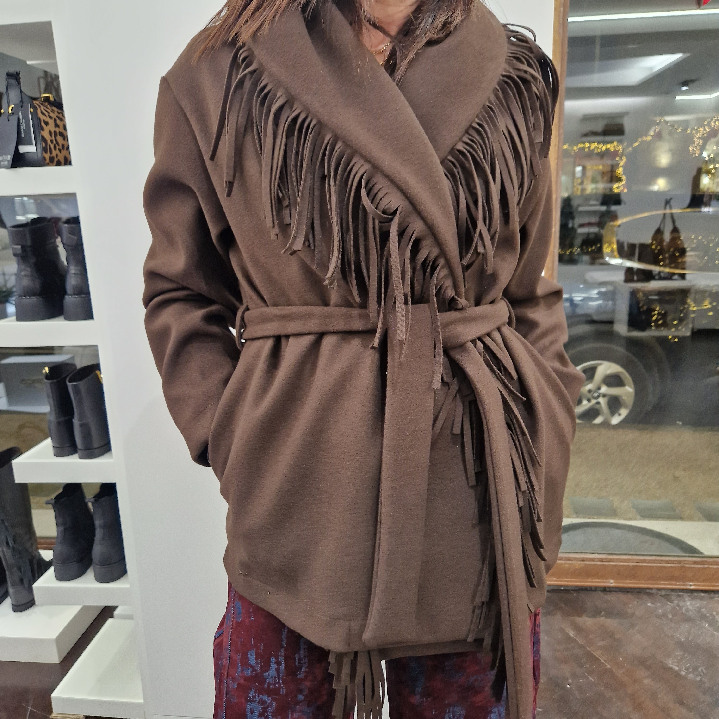 Kikisix giacca modello vestaglia con frange t.moro