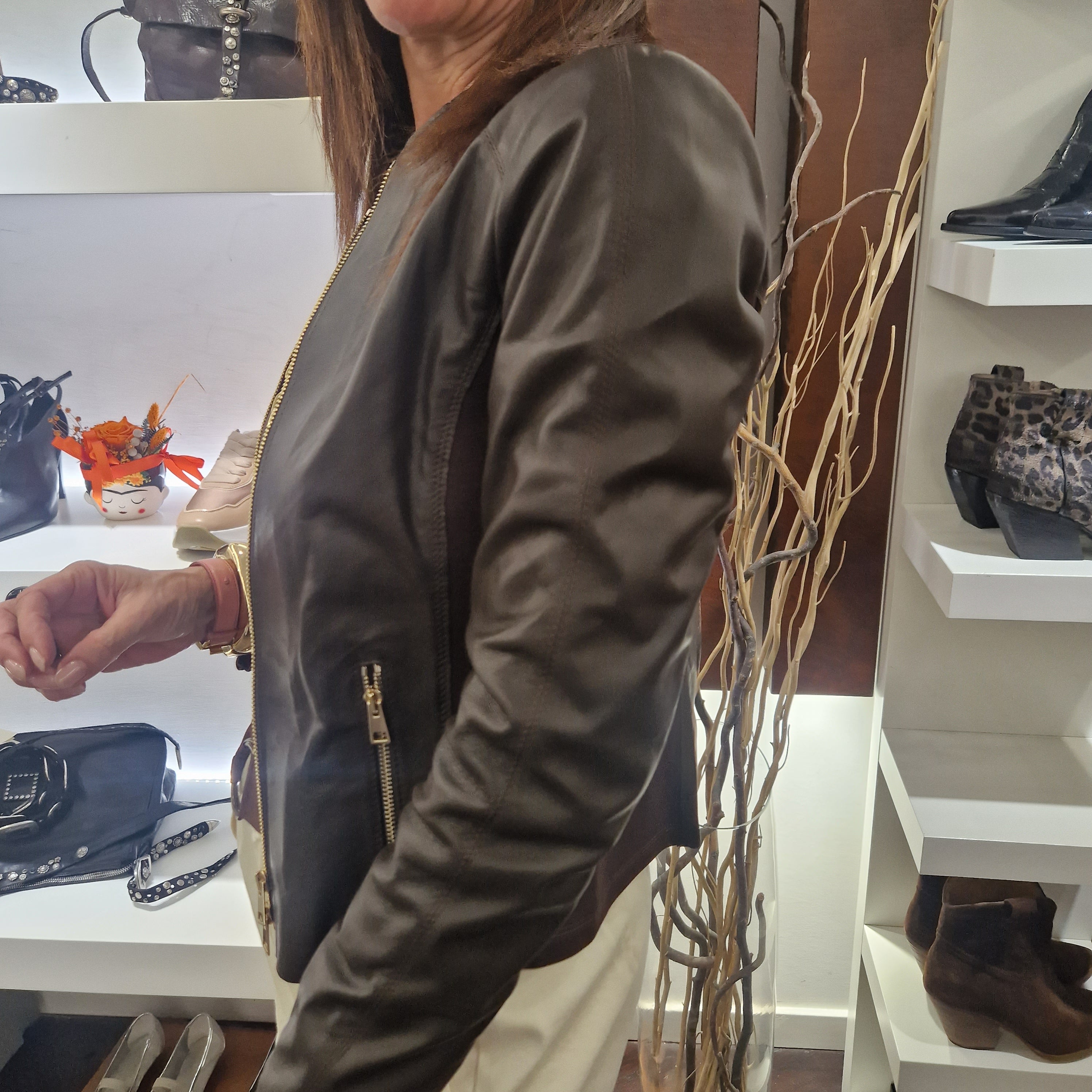 Giacca lunga in vera pelle color t.moro  con tessuto elasticizzato