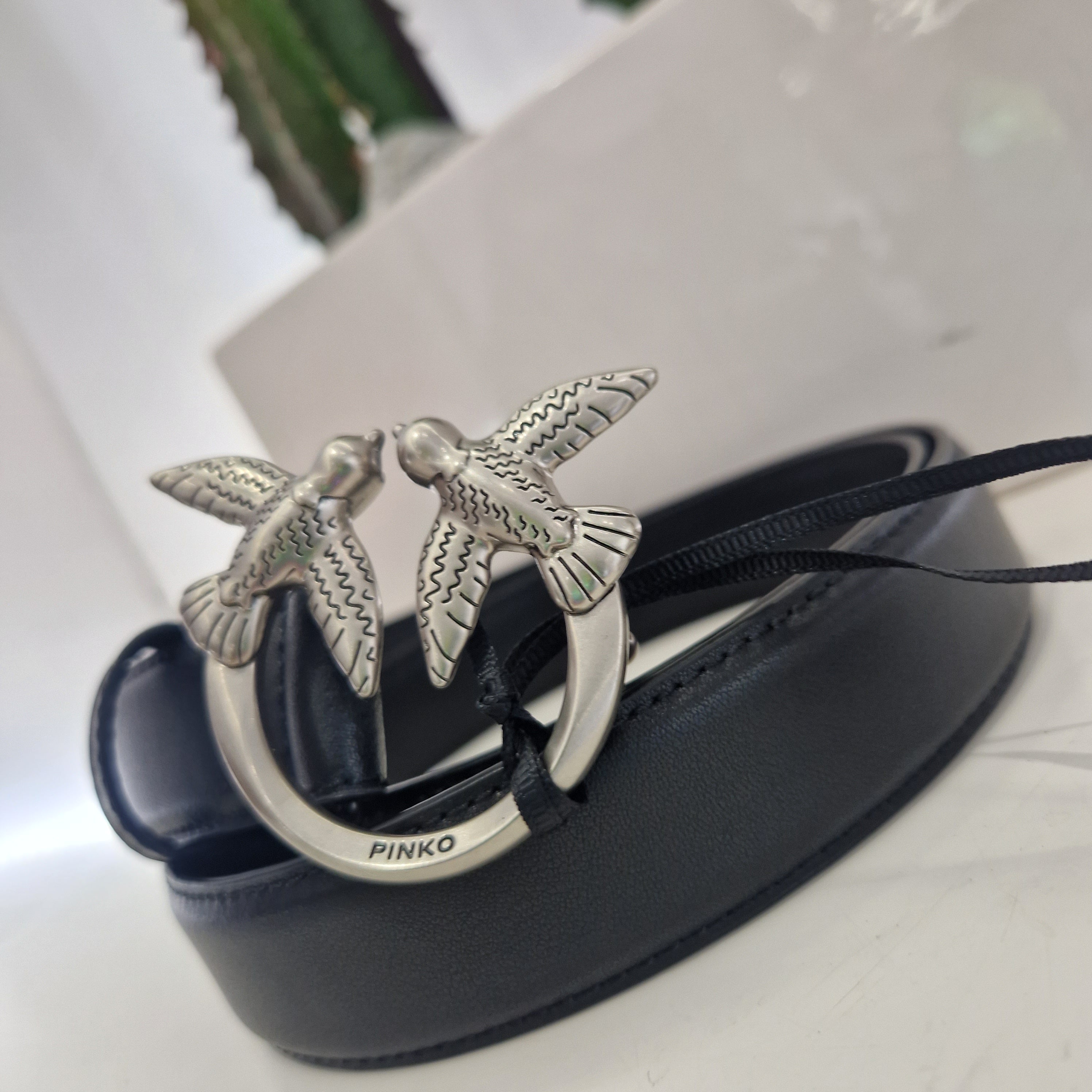 PINKO Cintura sottile Love Birds in pelle 3cm fibbia argento