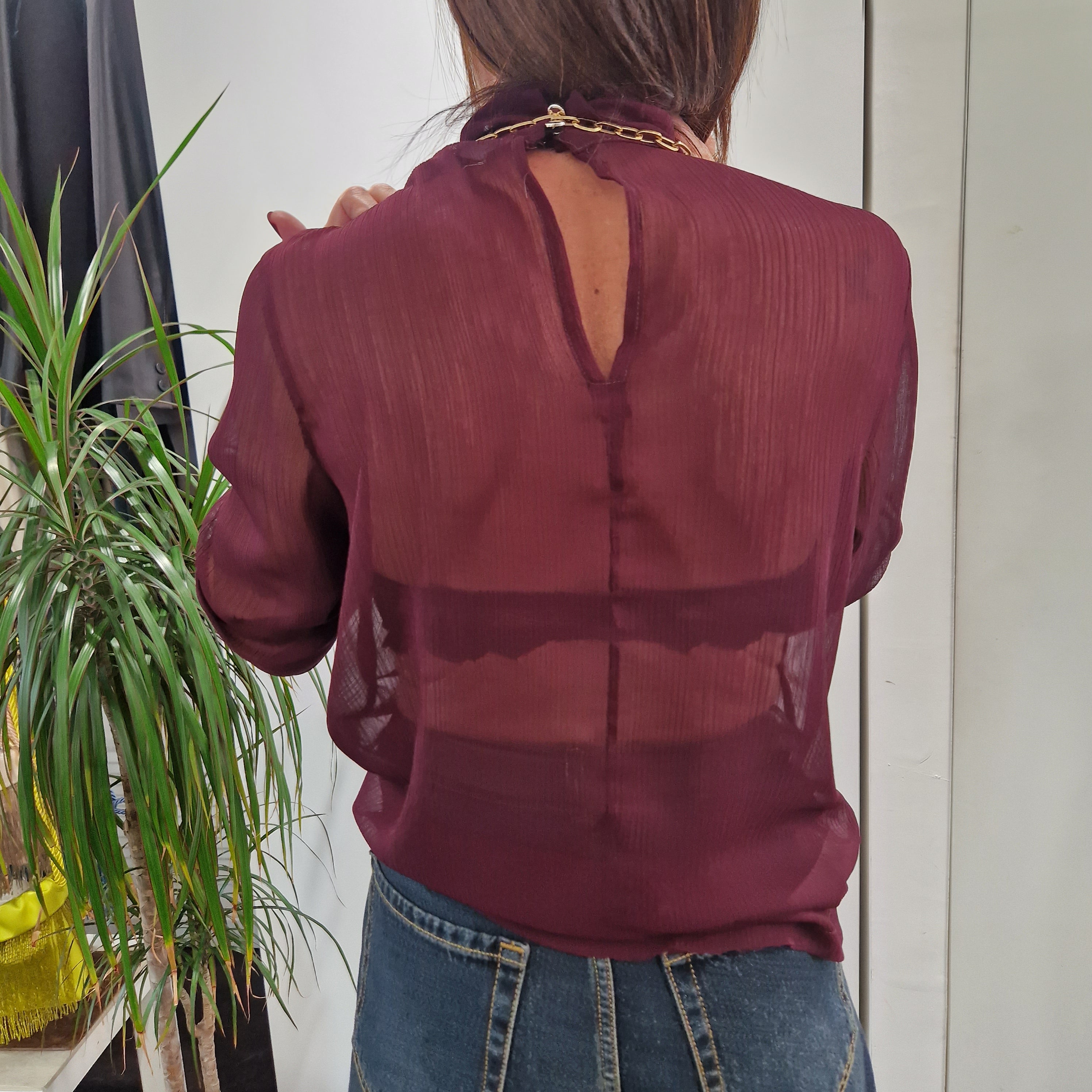 Kikisix camicia trasparente bordeaux collo alto
