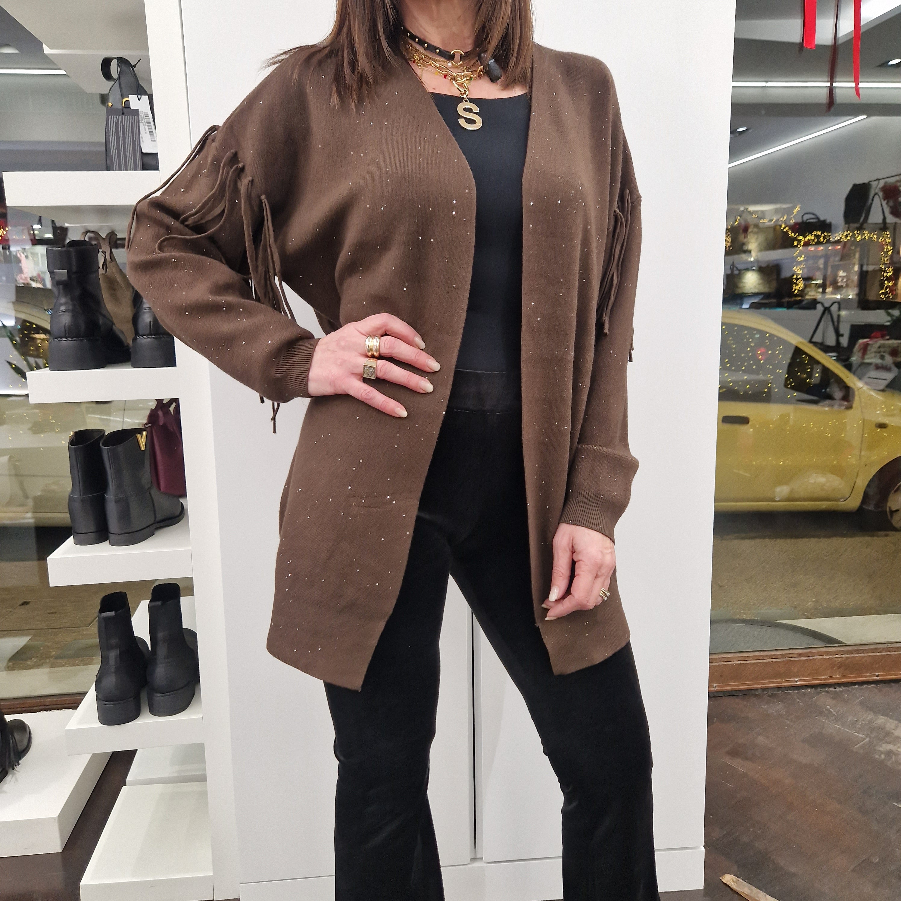 Kikisix CARDIGAN con frange paillettes t.moro