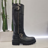 Stivale modello biker pelle nero con fibbie argento fondo gomma