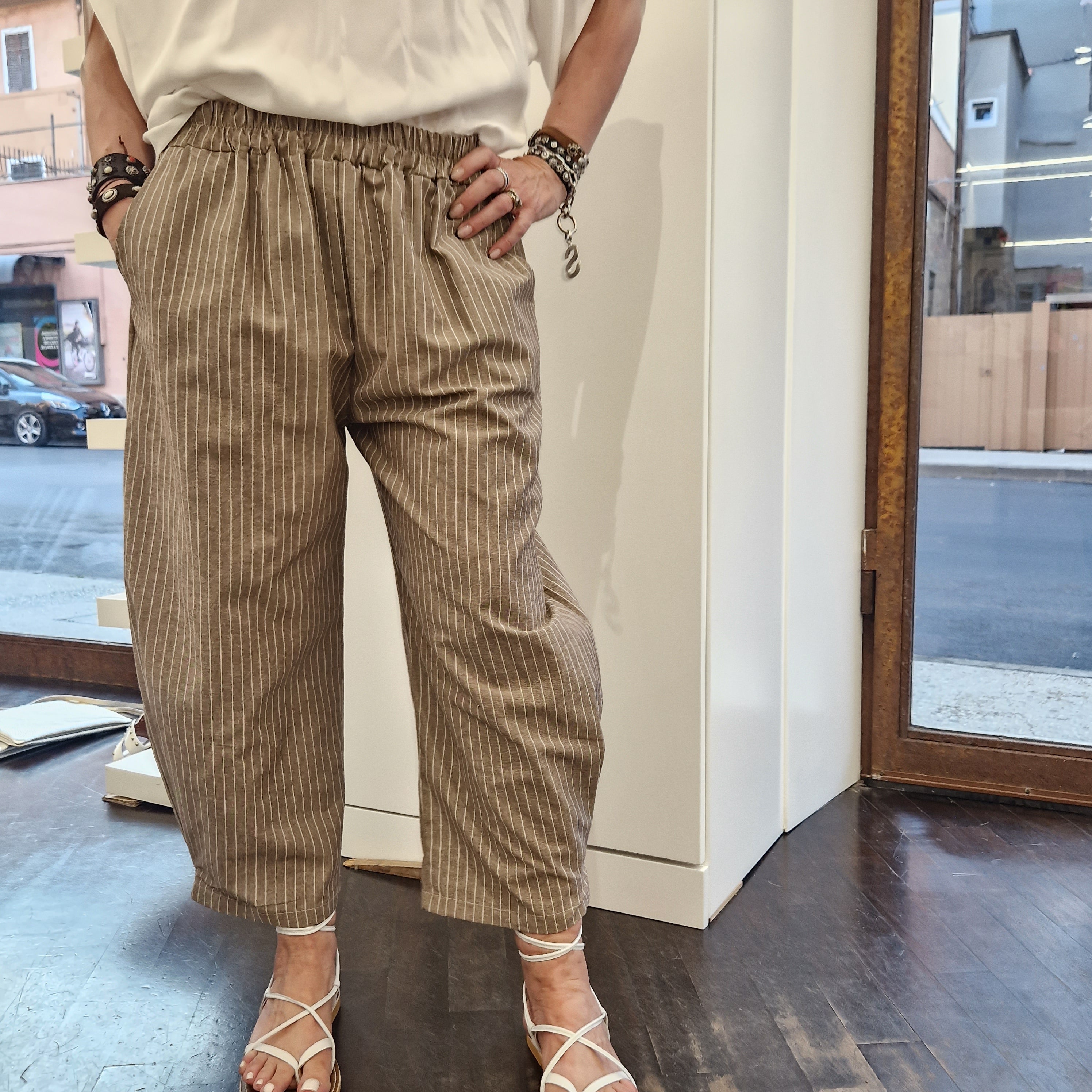 Pantalone ODALISCA gessato  beige